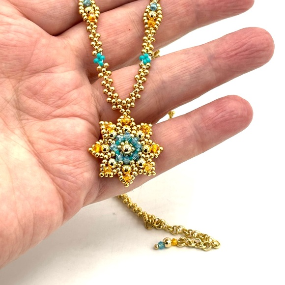 Hand Crafted Gold and Blue Floral Pendant Necklace - Picture 3 of 10